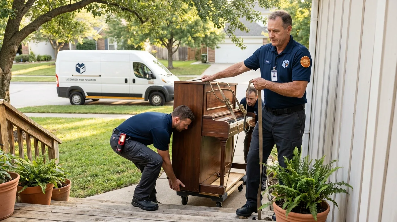 Licensed piano movers securing grand piano in Ellington, CT