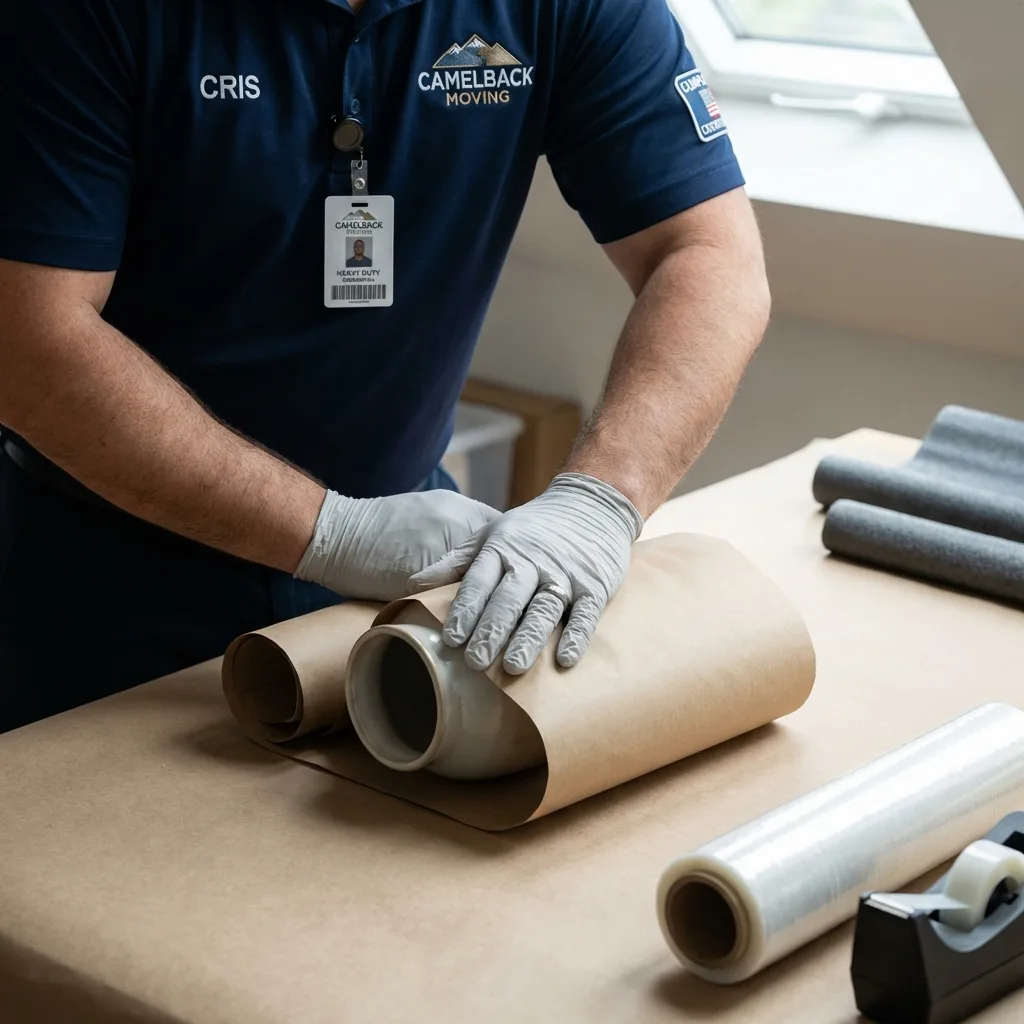 Close up of manual fragile item wrapping using layered paper technique