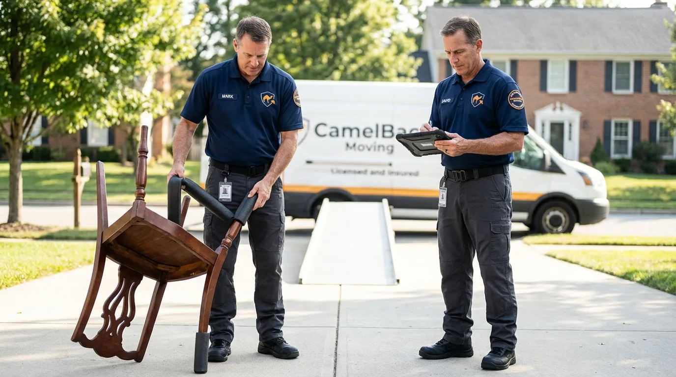 Movers inspecting furniture for damage prevention before loading in Ellington, CT