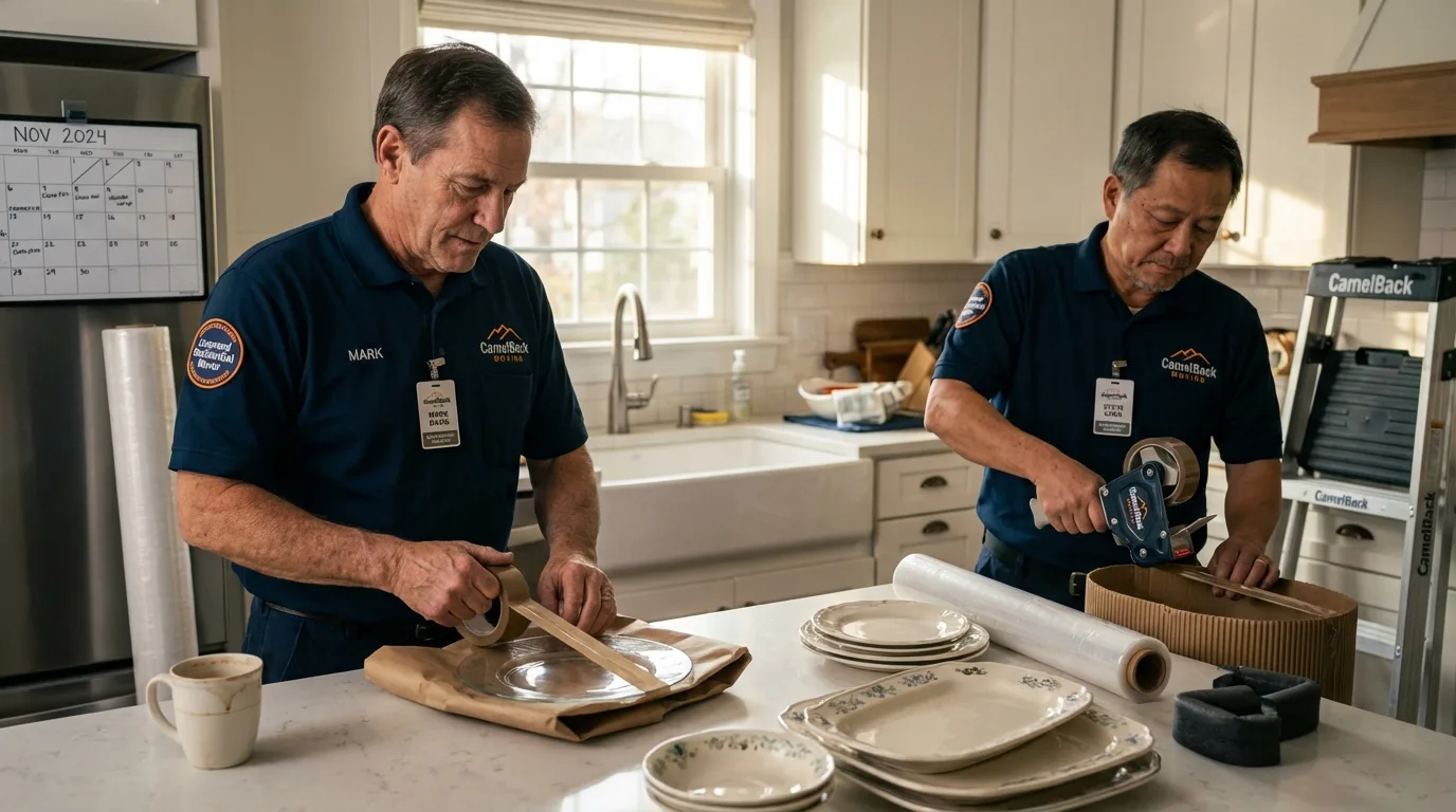 Professional crew packing kitchen dishware in Ellington, CT